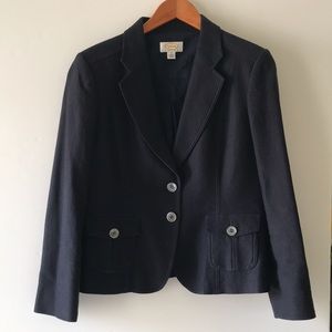 Talbots 12 Petite Navy Blue Cotton Blazer Jacket Two Button Lined Patch Pockets